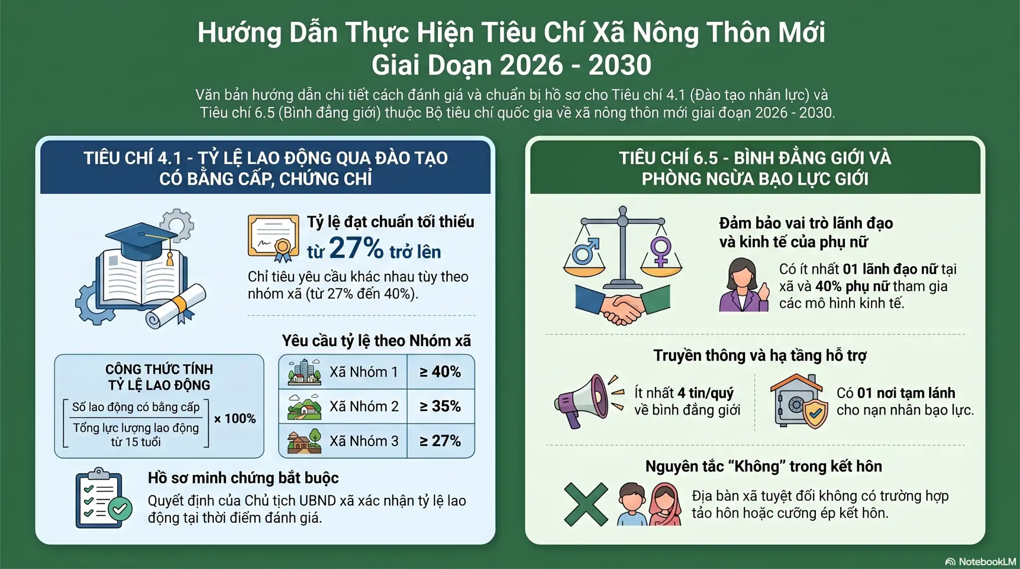 Infographic: Hướng dẫn nội dung tiêu chí “Tỷ lệ lao động qua đào tạo có bằng cấp, chứng chỉ” và “Đảm bảo bình đẳng giới và phòng ngừa, ứng phó với bạo lực trên cơ sở giới” trong xây dựng nông thôn mới