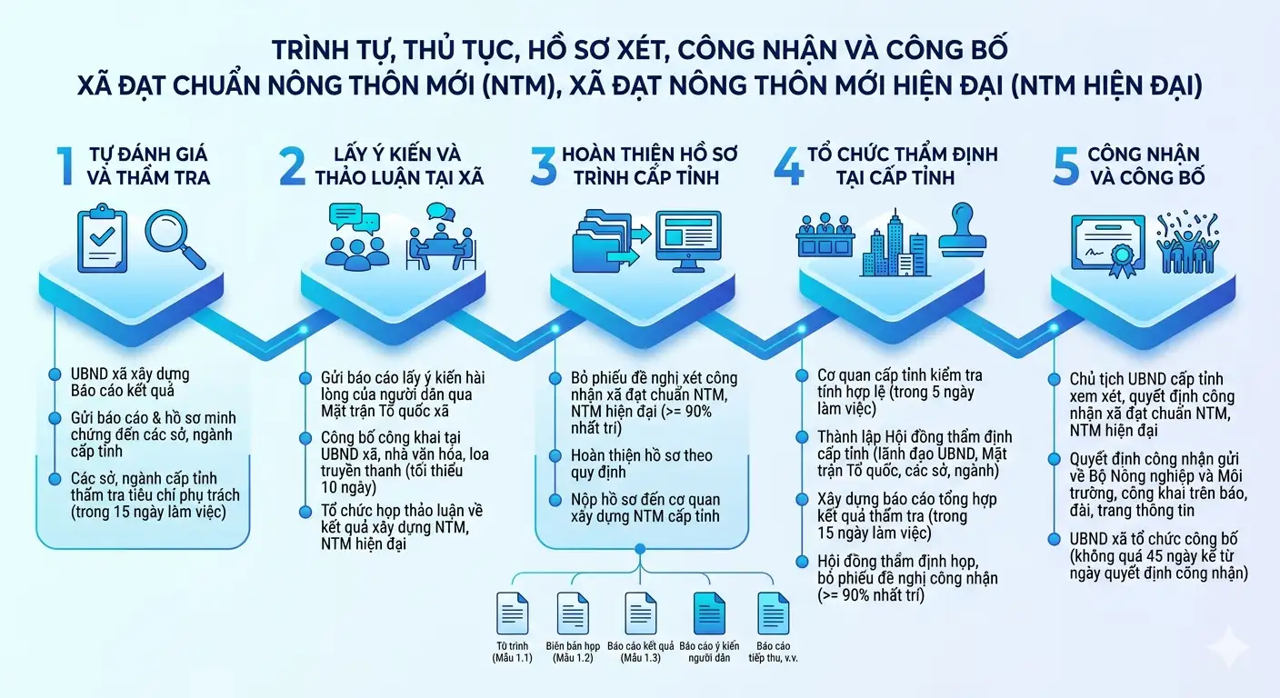 Infographic: Quy định điều kiện, trình tự, thủ tục, hồ sơ xét, công nhận, công bố và thu hồi quyết định công nhận xã, tỉnh trong xây dựng nông thôn mới