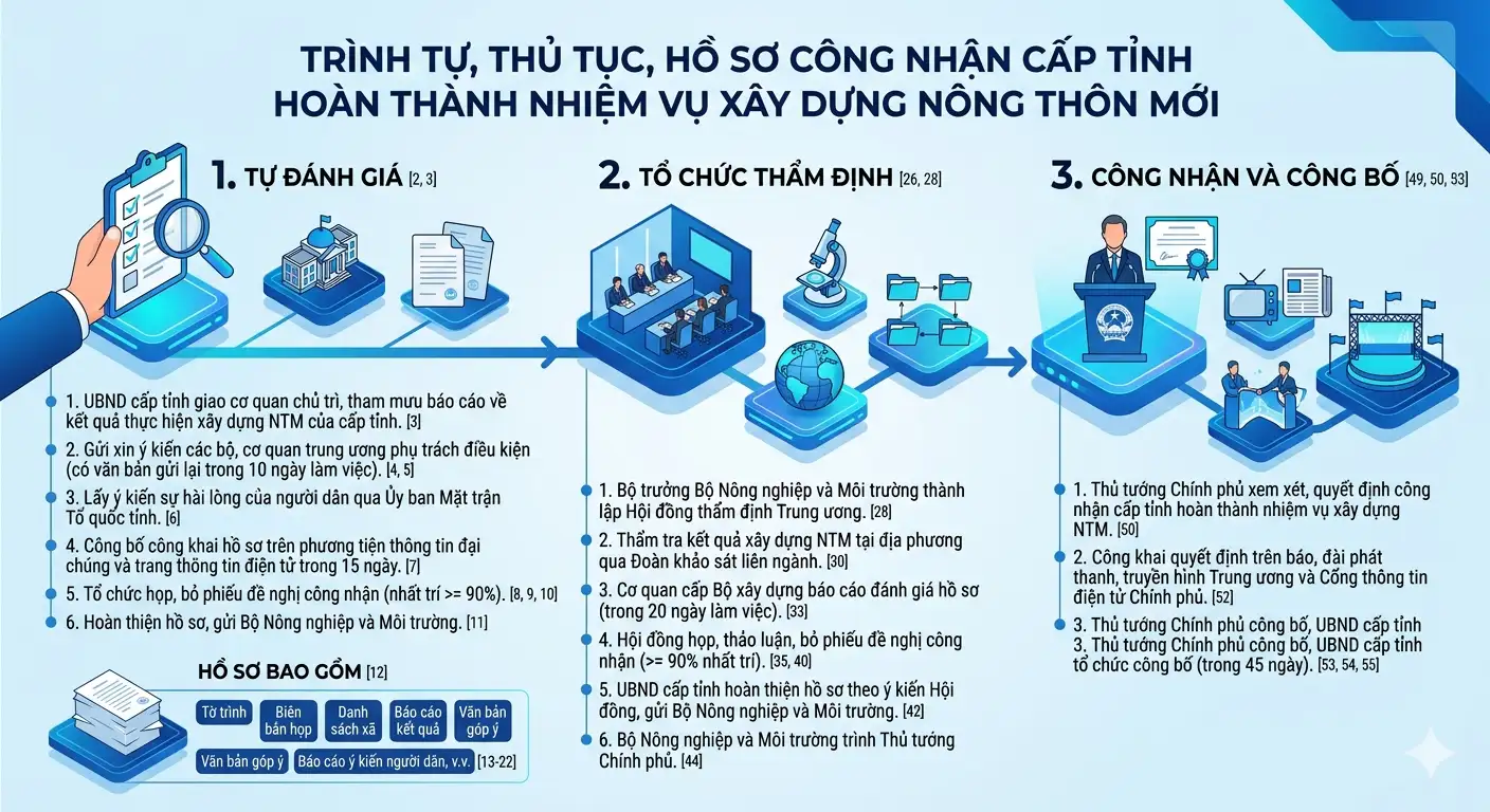 Infographic: Quy định điều kiện, trình tự, thủ tục, hồ sơ xét, công nhận, công bố và thu hồi quyết định công nhận xã, tỉnh trong xây dựng nông thôn mới