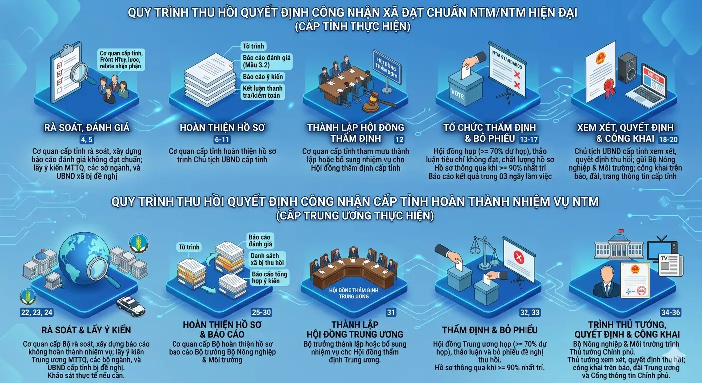 Infographic: Quy định điều kiện, trình tự, thủ tục, hồ sơ xét, công nhận, công bố và thu hồi quyết định công nhận xã, tỉnh trong xây dựng nông thôn mới