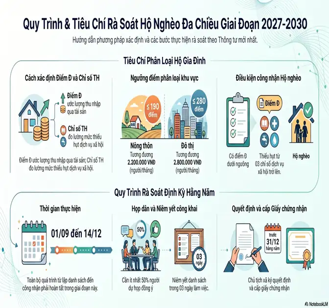 Infographic: Hướng dẫn quy trình, phương pháp rà soát, công nhận hộ nghèo, hộ cận nghèo, hộ thoát nghèo theo chuẩn nghèo đa chiều quốc gia giai đoạn 2027-2030