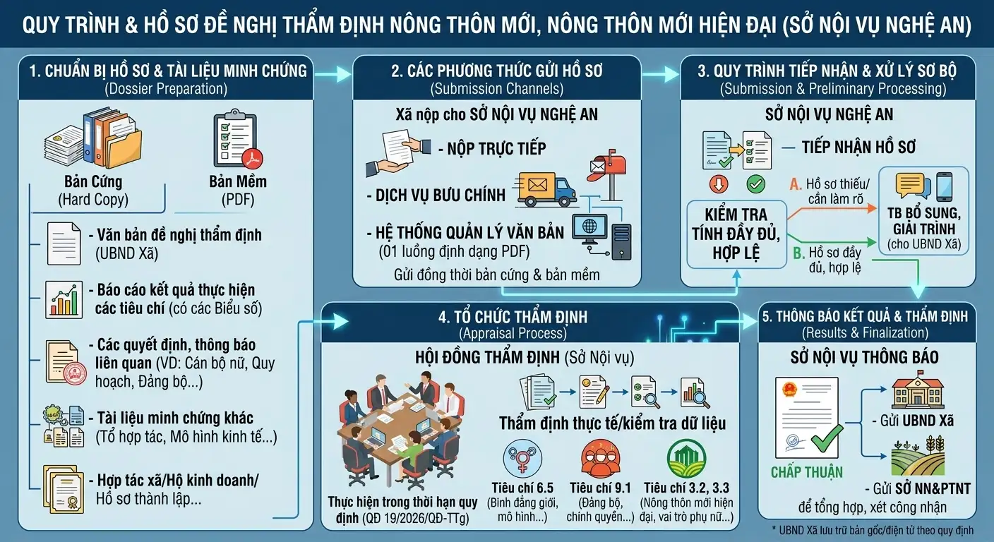 infographic: Hướng dẫn quy định việc thực hiện các tiêu chí xã nông thôn mới và xã nông thôn mới hiện đại giai đoạn 2026–2030 thuộc phạm vi quản lý của Sở Nội vụ
