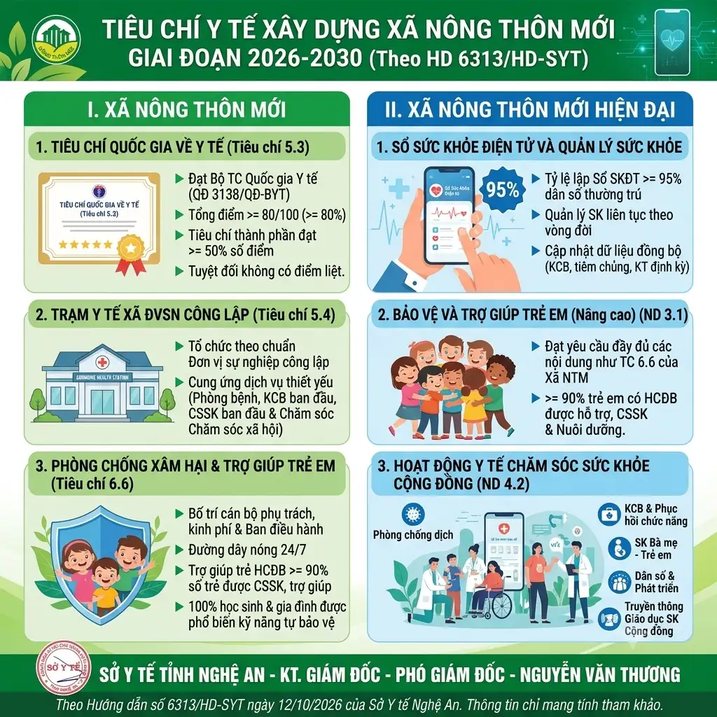 Infographic: Sở Y tế Nghệ An hướng dẫn thực hiện các nội dung, tiêu chí xây dựng xã nông thôn mới và nông thôn mới hiện đại giai đoạn 2026-2030