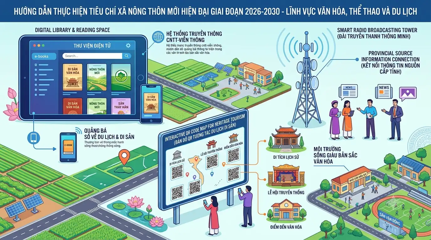 Infographic: Hướng dẫn thực hiện nội dung tiêu chí văn hóa, thể thao và du lịch thuộc Bộ tiêu chí quốc gia về xã nông thôn mới, nông thôn mới hiện đại giai đoạn 2026-2030